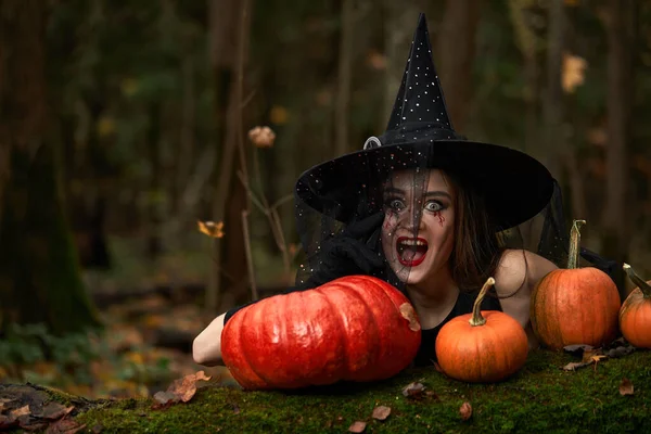 Young woman in black dress with witch hat and orange pumpkin placed around in the forest, Halloween concept. Horror theme.