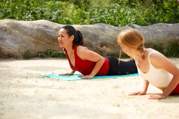 二人の女の子は木の間の砂の上の公園でヨガをします。自然や健康的なライフスタイル瞑想自然との一体性. — ストック写真