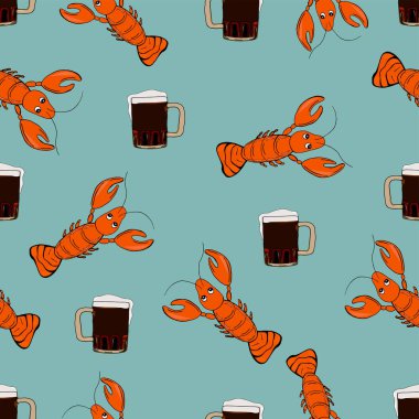 Kabuklu abur cuburlu bira. El çizimi karikatür çizimi. Istakoz ve birayla kusursuz desen. Cam bardak. Köpüklü içecek.