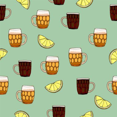 Aperatifli bira. El çizimi karikatür çizimi. İçecek şablonu. Cam bardak. Parlak renkler. Meksika tarzı bira..