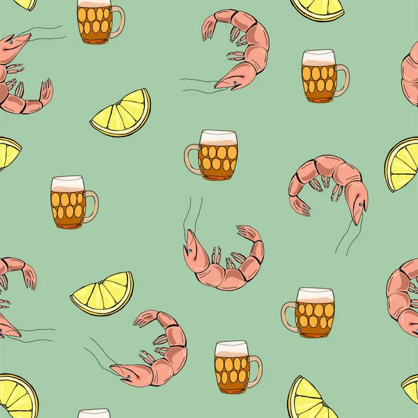 Hafif bira ve aperatifler. El çizimi karikatür çizimi. İçecek, limon ve karides. Cam bardak. Parlak renkler. Meksika tarzı bira..