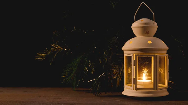 White Candle Lantern Burning Candle Blurred Spruce Brunch Dark Background — Stock Photo, Image