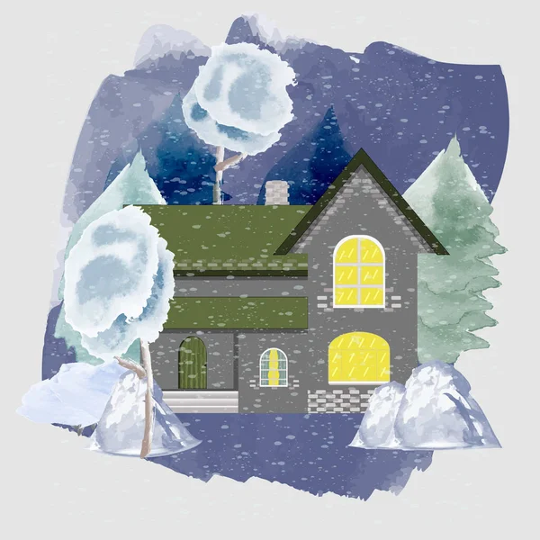Зимняя Ночь Рождественский Вечер Рисует Акварельный Дом Деревья Снег Падает — стоковый вектор