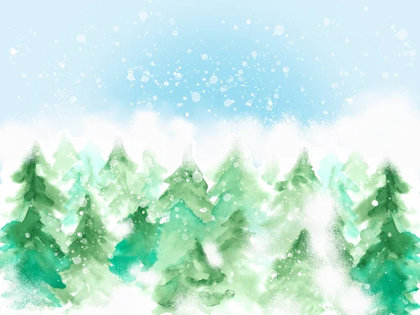 水色冬季常绿松树边 白云白雪背景 手绘云杉森林图解 摘要水彩景观 — 图库照片#