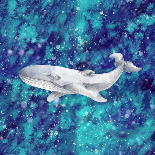 Illustrazione Balena Disegnata Mano Singola Balena Sfondo Acquerello Astratto Con — Foto Stock