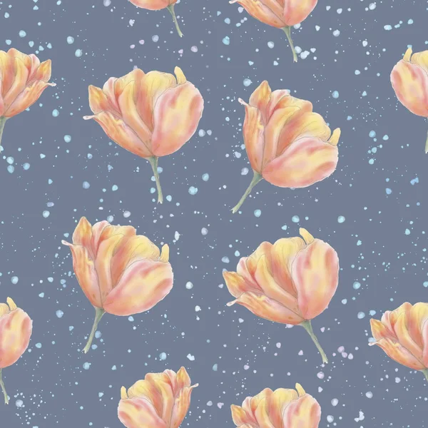Tulp Naadloos Patroon Grijze Achtergrond Roze Tulpen Aquarelspatten — Stockfoto