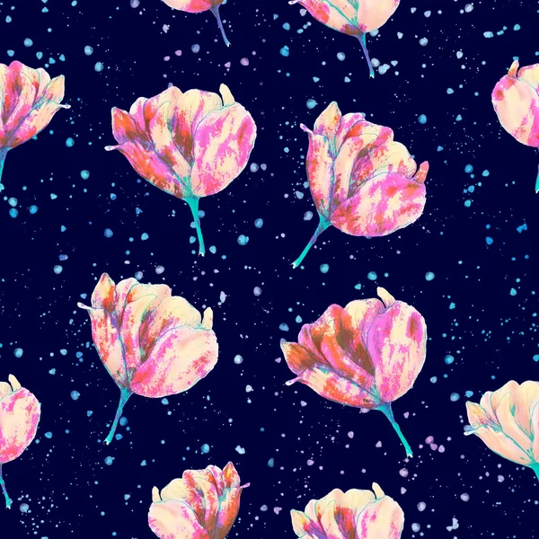 Тюльпановый Узор Акварельными Шпильками Розовые Цветы Темно Синий Розовый Яркие — стоковое фото
