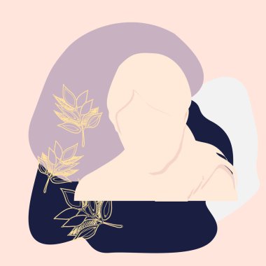 Çiçekli güzel kız portresi. Pastel renklerde soyut yüz vektör çizimi.