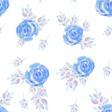 Bahar yaprakları ve çiçeklerle kusursuz desen. Çiçek açan güller. Suluboya el çizimi çizimi.