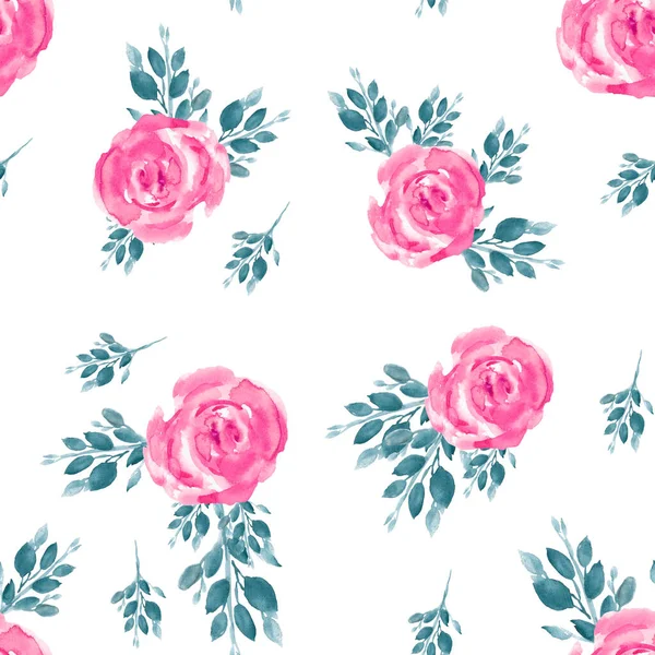 Seamless pattern with spring leaves and flowers. Roses in bloom. Watercolor hand drawn illustration.