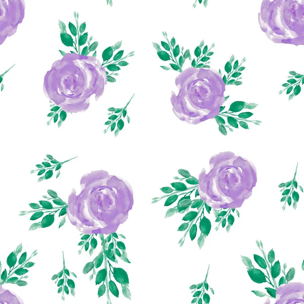Seamless Pattern Spring Leaves Flowers Roses Bloom Watercolor Hand Drawn — Stock Photo, Image