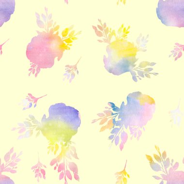 Bahar yaprakları ve çiçeklerle kusursuz desen. Çiçek açan güller. Suluboya el çizimi çizimi.