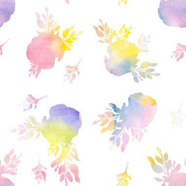 Bahar yaprakları ve çiçeklerle kusursuz desen. Çiçek açan güller. Suluboya el çizimi çizimi.