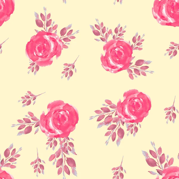 Бесшовный Узор Весенними Листьями Цветами Цветущие Розы Рисунок Акварелью — стоковое фото