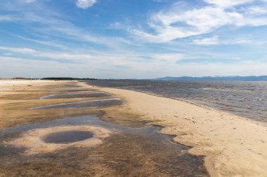 Lagoa dos Barros Gölü, Osorio, Rio Grande do Sul, Brezilya 'da mavi gökyüzü ile kum ve göl
