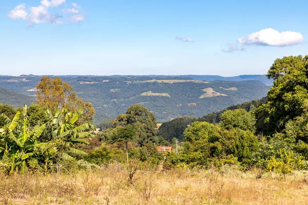 Dağların ardındaki orman ve çiftlik manzaraları, Pinhal Alto, Nova Petropolis, Rio Grande do Sul, Brezilya