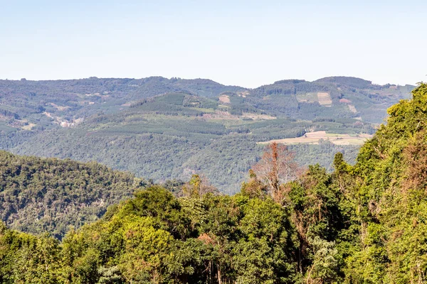 Orman ve çiftlik arazisi dağların üzerinde, Pnhal Alto, Nova Petropolis, Rio Grande do Sul, Brezilya