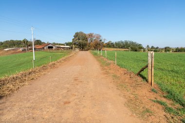 Tarlaları ve demir çitleri olan kirli yollar Santa Cruz do Sul, Rio Grande do Sul, Brezilya