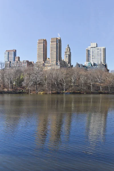 Central Park lake bina ve ağaç yansıması ile — Stok fotoğraf