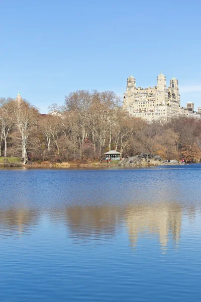 Central Park lago con edificio e albero di riflessione — Foto Stock