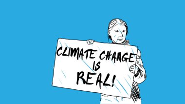 Stockholm, İsveç 20 Ağustos 2018: Poster düzenlenebilir metni tutan iklim değişikliği protestocusu basit el çizimi tasarım tarzı minimum vektör illüstrasyonu