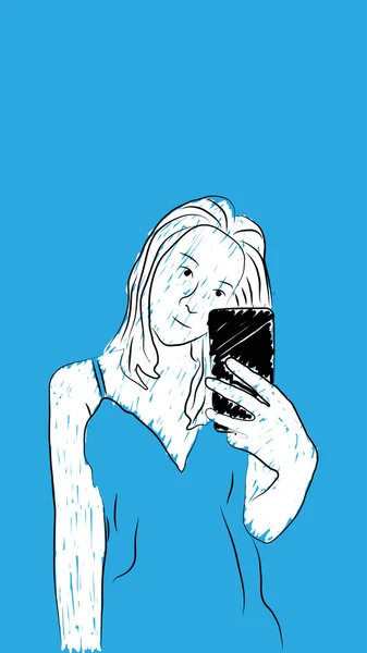 Sosyal Medya Için Ayna Selfie Çeken Kız Basit Çizimi Tasarım — Stok Vektör