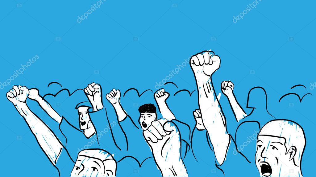 diverse crowd protesting raising their fists demanding justice simple hand drawn design style minimal vector illustration