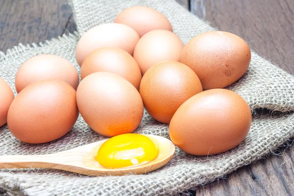계란과 달걀 노 른 자 갈색 자루에 — 스톡 사진