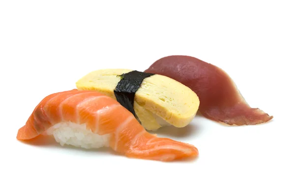 Tuna, salmon and egg sushi isolated on white background — Stock Photo, Image