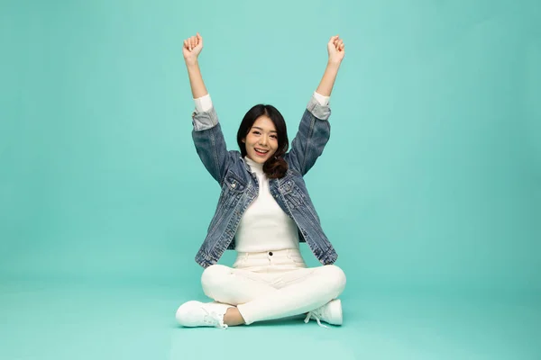 Attractive Beautiful Asian Woman Sitting Floor Hands Raised Arms Happiness — Stock Photo, Image