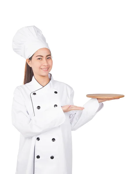 Mujer chef mostrando y presentando — Foto de Stock