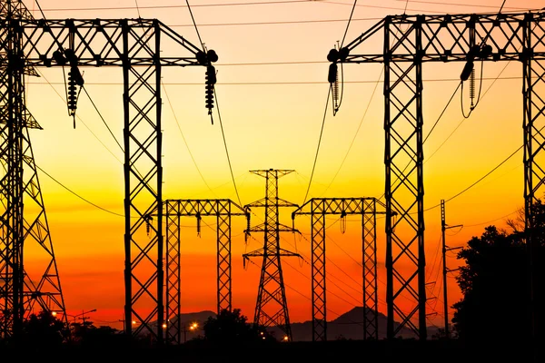 High voltage post and sky in twilight time — Stock Photo, Image