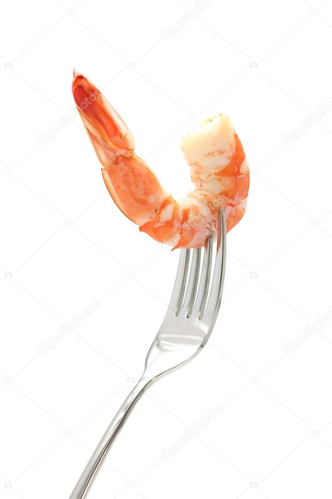 Shrimp on fork isolated on white background