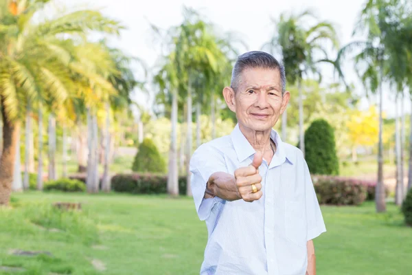 Asiático senior hombre dando pulgar arriba en el parque — Foto de Stock