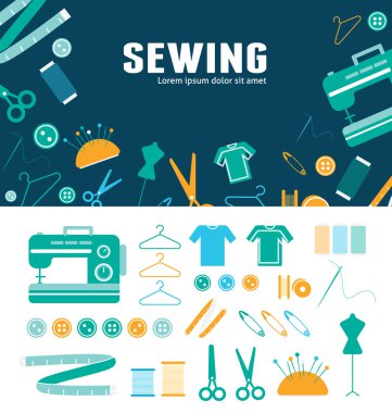 Dikiş. Vektör düz arka plan ve nesneleri resimler