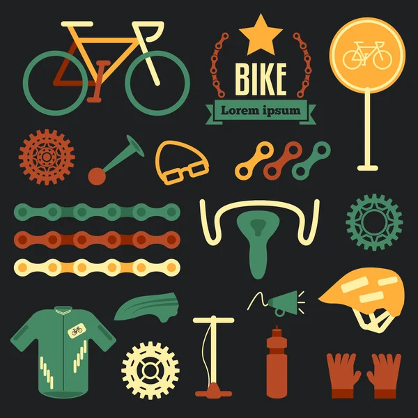 Bike and accessories set for bicycle. flat vector set — Stock Vector