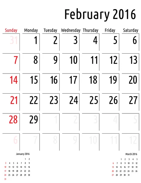 Kalender Februar 2016. Vektorplanung Kalendervorlage — Stockvektor