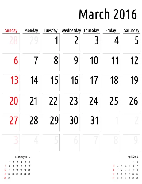Calendar March 2016. vector planning calendar template — Stock Vector