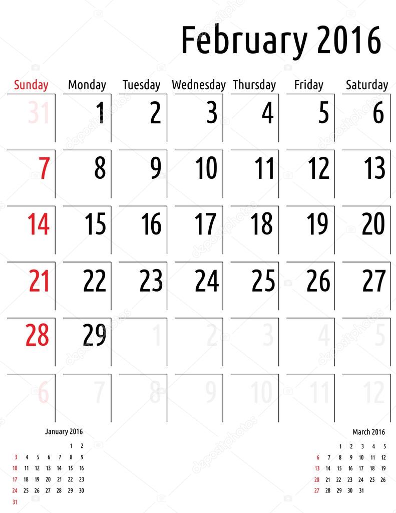 カレンダー 2 月 2016 年 ベクトル計画予定表テンプレート ストック