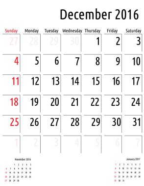 Takvim Aralık 2016. vektör planlama Takvim şablonu