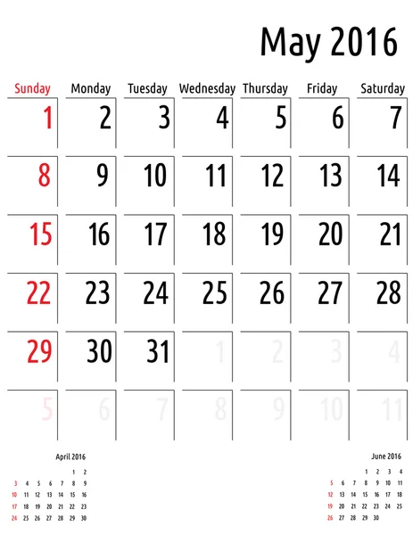 Calendar May 2016. vector planning calendar template — Stock Vector