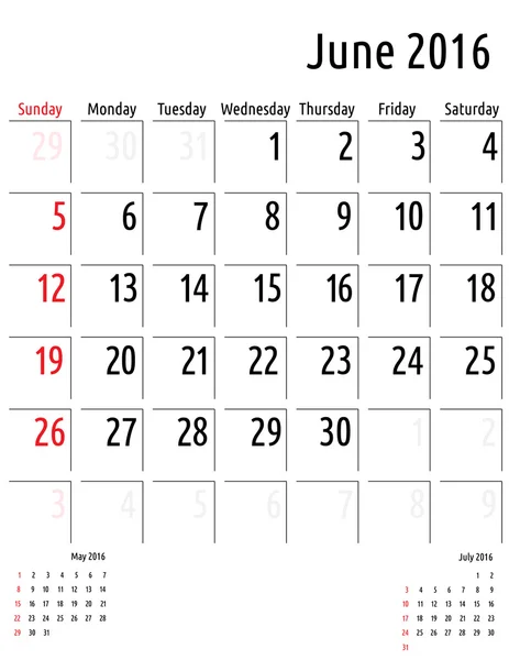 Kalender Juni 2016. Vektorplanung Kalendervorlage — Stockvektor