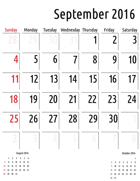 Kalender September 2016. Vektorplanung Kalendervorlage — Stockvektor