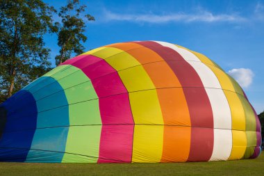 Yeşil çimenlerin üzerinde renkli sıcak hava balonu
