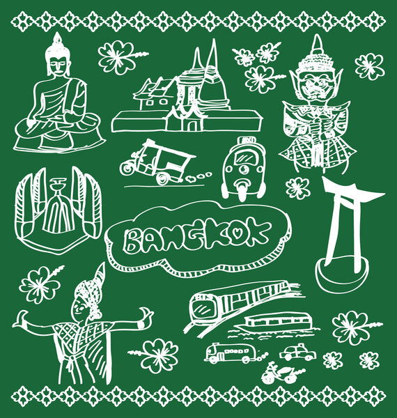 Hand drawn Bangkok city on school board, Bangkok doodles