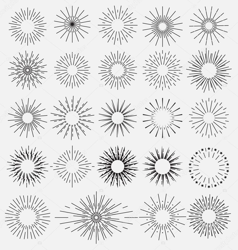 Sunbursts and borders collection. Vector illustration.