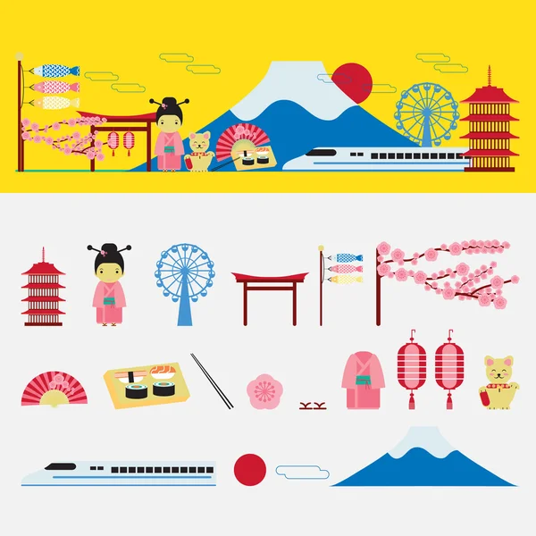 Viajes y elemento de diseño de Japón hito. Iconos planos de Japón. Vect. — Archivo Imágenes Vectoriales