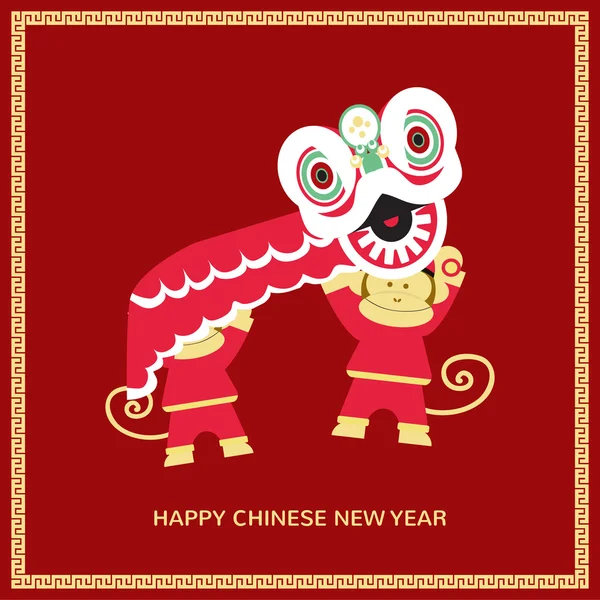 Bonne année chinoise avec lion chinois et année du singe — Image vectorielle