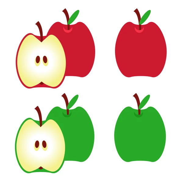 苹果。绿色的红苹果，苹果，一半的苹果与叶。矢量 — 图库矢量图片
