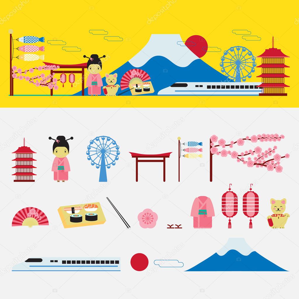 Travel and landmark japan design element. Japan flat icons. Vect